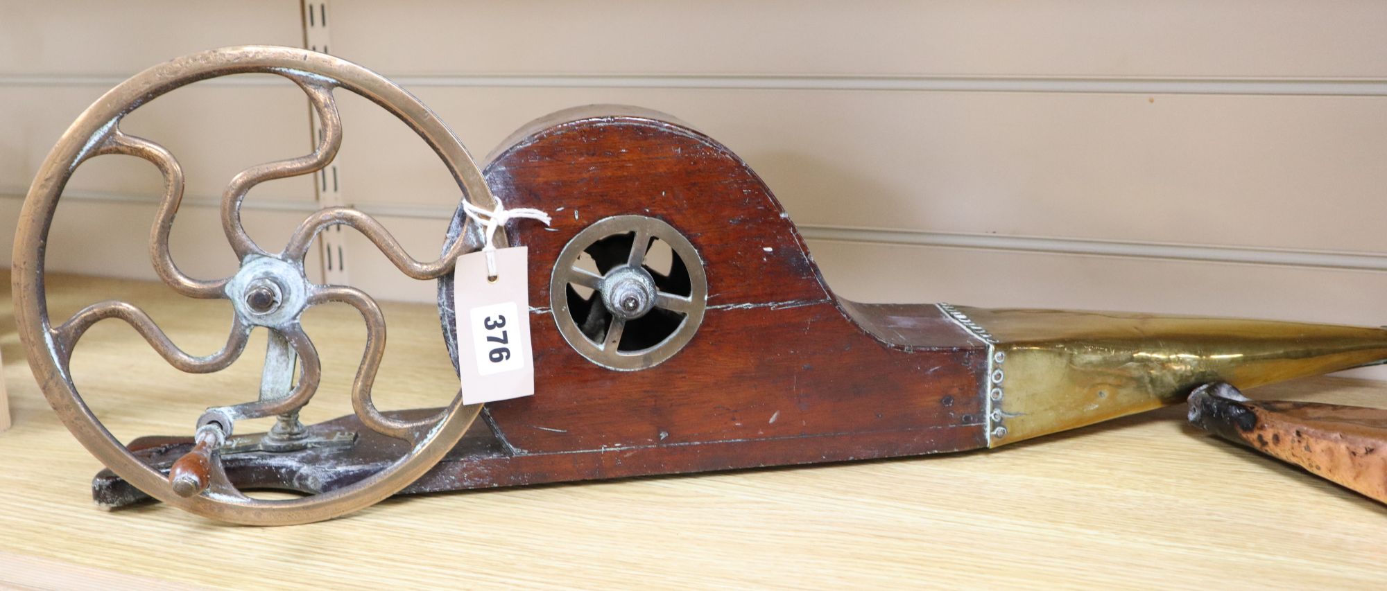 Two 19th century brass mechanical wheel bellows, length 70cm